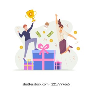 Happy people receiving reward standing on pile of gift boxes. Joyful couple celebrating victory with winner cup and money flying around them. Loyalty or reward program, cashback, bonus flat vector