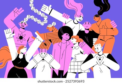 Happy people rejoice. Group of friends has fun, supports, laughing at disco. Young men and women dancing, celebrates holiday at the party together. Concept of friendship. Flat vector illustration