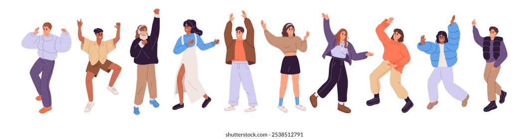 La gente feliz se regocija. Hombres y mujeres jóvenes positivos bailan, levantan las manos, saltan de alegría. Los personajes celebran, se divierten con la música en la fiesta. Ilustraciones vectoriales aisladas planas sobre fondo blanco