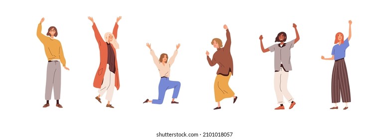 Happy people rejoicing. Excited men and women celebrate victory and success with joy. Delighted persons with positive emotions of happiness. Flat vector illustrations isolated on white background