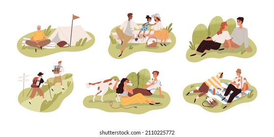 Happy people relax in nature set. Families, couples and friends outdoors on summer holidays. Men and women hiking, camping and resting on picnic. Flat vector illustrations isolated on white background
