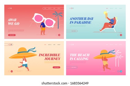 Happy People Relax on Exotic Seaside Resort Landing Page Template Set. Male and Female Tiny Characters with Tropical Hat, Sunglasses and Cocktail, Summer Time Vacation. Cartoon Vector Illustration