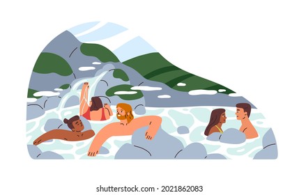 Happy people relaxing and bathing in hot springs of natural public SPA resort. Human health recreation park with thermal waters in nature. Flat vector illustration isolated on white background