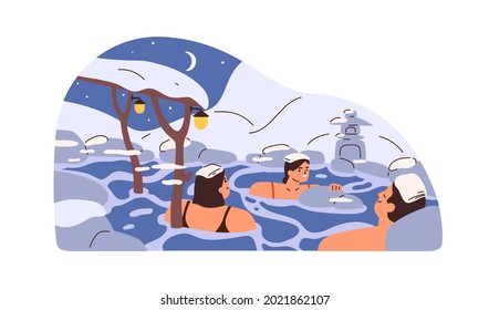 Happy people relaxing and bathing in hot thermal springs of public natural SPA resort covered with snow. Recreation park with geothermal waters. Flat vector illustration isolated on white background