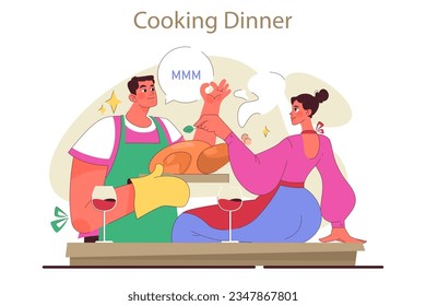 Happy people relaxing at home, family members cooking together. Young couple preparing a roasted chicken. Romantic dinner. Slow lifestyle approach. Flat vector illustration