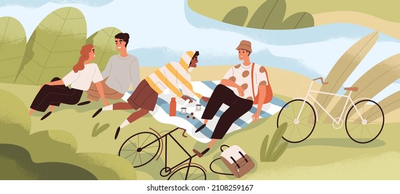 Happy people relaxing on summer picnic in nature. Friends with bikes resting outdoors by water, sitting on blanket on riverbank. Men and women on summertime vacation. Flat vector illustration