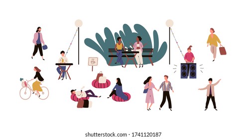 Happy people relaxing at outdoor cafe vector flat illustration. Colorful man, woman, couple talking to each other, dancing, eating street food and walking at bistro party area isolated on white