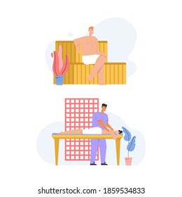 Happy people relaxing at spa salon scenes set. Man sitting on bench in sauna steam room. Woman getting massage lying on table. Vector character illustration of body care procedures, wellness therapy