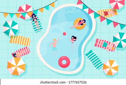 Happy people relaxing at swimming pool. Young men and women in swimwear taking sun, floating on rubber rings, playing ball in water. Can be used for pool party, summer activity concepts