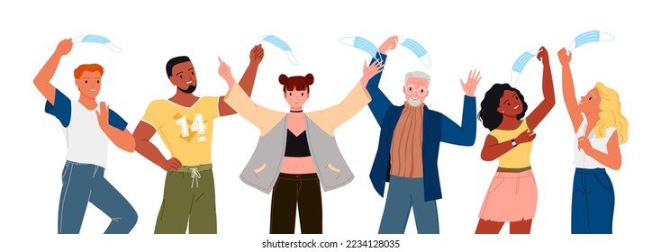 Happy people remove masks set vector illustration. Cartoon free person holding mask in hand, group of man and woman throwing and smiling, adult characters celebrate freedom and end of quarantine