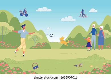 Happy People Rest in Green Public Park. Pastime in City Garden. Little Girl Shooting Video with Man Playing Dog. Granddaughter Walking with Grandma and Grandpa. Vector Lifestyle Illustration