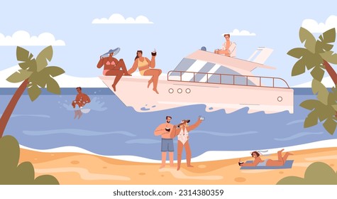 Happy people resting on seaside and yacht flat style, vector illustration. Summer holidays, recreation and leisure, swimming, taking pictures and sunbathing men and women