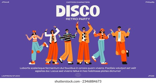 Happy people retro 90s party characters. Disco groovy style, dancing people on the dance floor. Vintage illustration, music player, vinyl records	