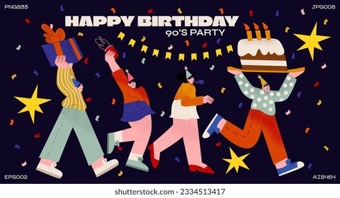 Happy people retro characters birthday party 90s. Disco groovy style, gifts, sweets. Vintage illustration, fun disco holiday friends