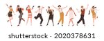 Happy people in retro-styled clothes dancing to funny music at Gatsby party of 20s. Set of stylish cheerful Broadway dancers of 1920s. Colored flat vector illustration isolated on white background