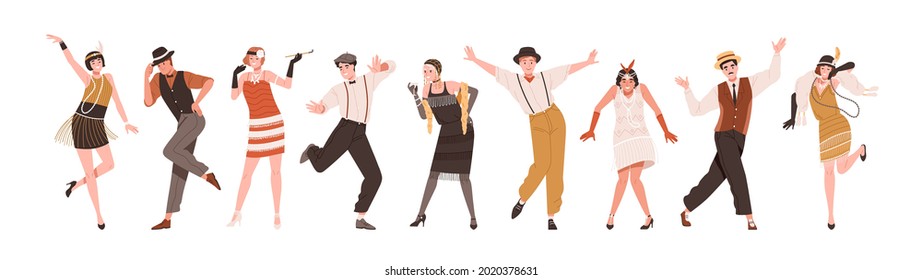 Happy people in retro-styled clothes dancing to funny music at Gatsby party of 20s. Set of stylish cheerful Broadway dancers of 1920s. Colored flat vector illustration isolated on white background svg