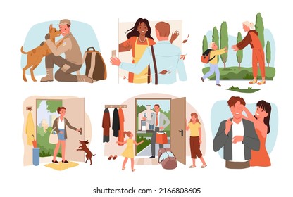 Happy People Return Home Set Vector Illustration. Cartoon Man And Woman Homecoming From Trip Vacation, Work Or Army, Standing At Open Door, Family And Dog Meeting Person In Doorway With Hugs