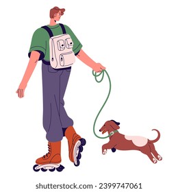 Happy people ride on roller skate, walks dog. Young man carrying backpack, rollerblading with dachshund on leash. Owner and pet on active leisure. Flat isolated vector illustration on white background