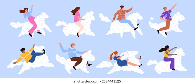 Happy people ride white cloud horses set. Flight of cute soft cotton pony with equestrian in air, funny man and woman riders riding bubble horses in blue sky heaven cartoon vector illustration