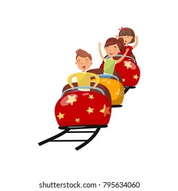 Happy people riding on roller coaster in amusement park cartoon vector Illustration