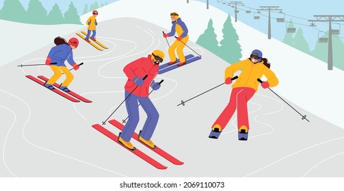 Happy People Riding Skis by Snow Slopes on Winter Resort. Wintertime Season Holidays Activity. Sportswomen Having Fun on Ski Resort Going Downhill. Travel Entertainment. Cartoon Vector Illustration