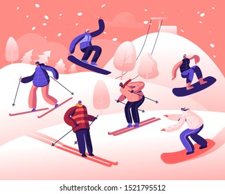 Gente feliz paseando en snowboard y Skis por Snow Slopes. Vacaciones en temporada invernal. Deportistas divertidos en la estación de esquí. Actividad de viajes Entretenimiento. Ilustración de vectores planos de caricaturas