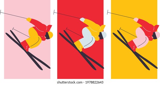 Happy people riding snowboard and skis by snow slopes. Sportsmen having fun on ski resort. Cartoon flat vector illustration. Winter time. Season Holidays. Travel activity entertainment. 