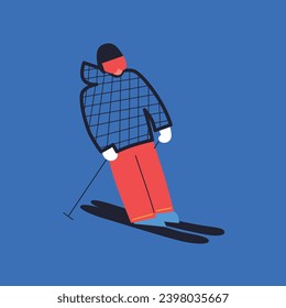 Happy people riding snowboard and skis by snow slopes. Sportsmen having fun on ski resort. Cartoon flat vector illustration. Winter time. Season Holidays. Travel activity entertainment.