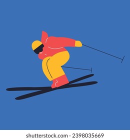 Happy people riding snowboard and skis by snow slopes. Sportsmen having fun on ski resort. Cartoon flat vector illustration. Winter time. Season Holidays. Travel activity entertainment.