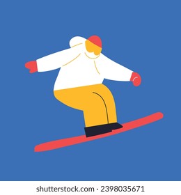 Happy people riding snowboard and skis by snow slopes. Sportsmen having fun on ski resort. Cartoon flat vector illustration. Winter time. Season Holidays. Travel activity entertainment.