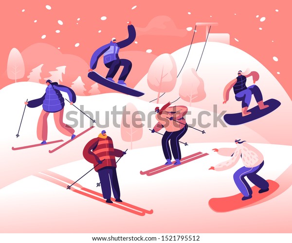 Happy\
People Riding Snowboard and Skis by Snow Slopes. Winter Time Season\
Holidays. Sportswomen Having Fun on Ski Resort. Travel Activity\
Entertainment. Cartoon Flat Vector\
Illustration