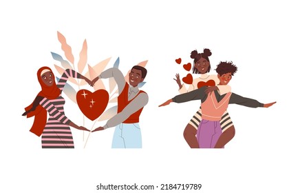 Happy people in romantic relationships set. Loving musilim couple making heart with their hands. Boy giving piggyback ride to his girlfriend vector illustration