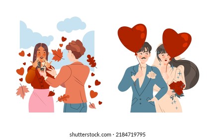 Happy people in romantic relationships set. Young man proposing marriage to girl. Happy wedding couple vector illustration