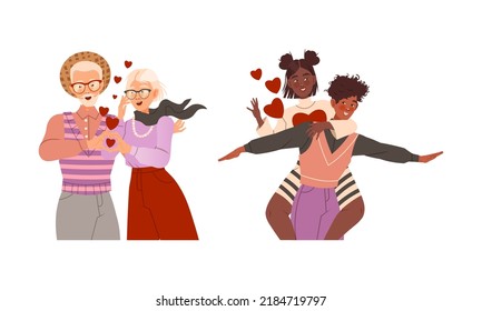 Happy people in romantic relationships set. Elderly loving couple, boy giving piggyback ride to his girlfriend vector illustration