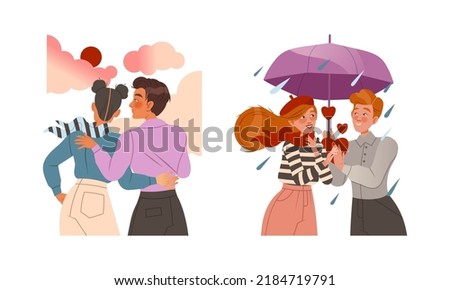 Happy people in romantic relationships set. Loving couple looking at sunset and walking under umbrella vector illustration