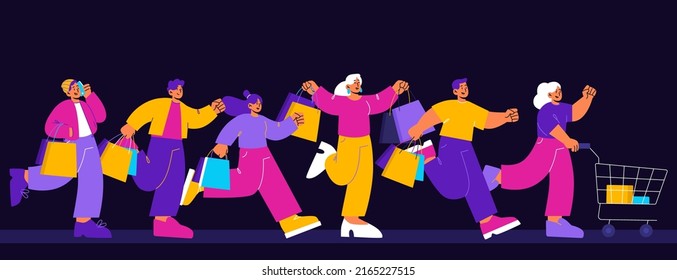 Happy people run and rush to buy on sale. Concept of discount in store, black friday sale. Vector flat illustration of group of excited men and women with shopping bags and cart hurry to purchase