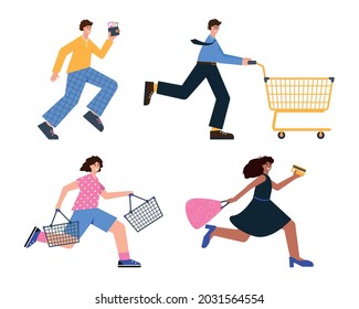 Happy people run for shopping, sale and discount. Set of shopaholics or buyers with trolley, basket, credit cart and wallet isolated on white background. Flat characters vector illustration.