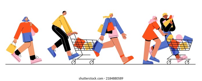 Gente feliz corre a vender. Ilustración vectorial plana de diversos hombres y mujeres con carros de compras y bolsas corriendo para compras. Concepto de venta de viernes negro, descuento en tienda