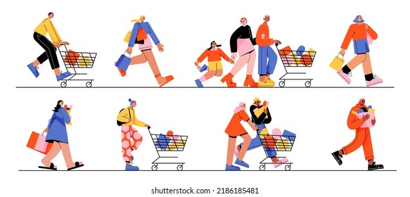 Happy people run to store sale. Vector flat illustration of diverse men and women with shopping carts and bags running for purchases. Concept of black friday sale, discount in shop