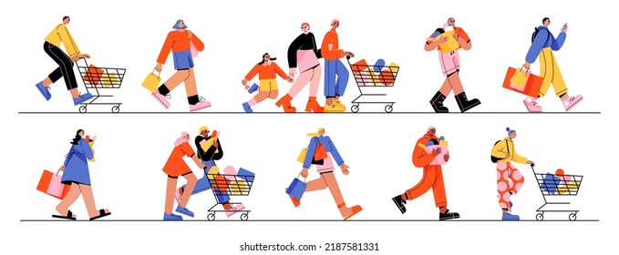 Gente feliz corre a vender. Ilustración vectorial plana de diversos hombres y mujeres con carros de compras y bolsas corriendo para compras. Concepto de venta de viernes negro, descuento en tienda