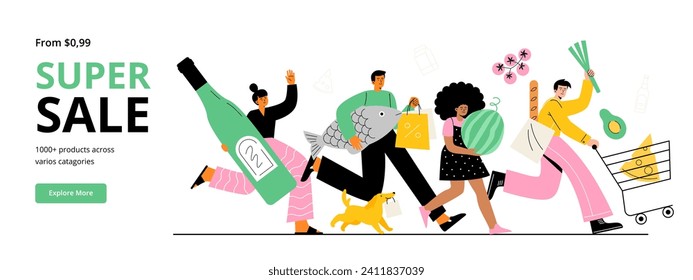 Gente feliz corriendo con compras de comestibles. Grandes ventas y descuentos en un supermercado o tienda de Internet. Ilustración plana vectorial para banner web y página de inicio.