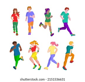 Happy People Running Marathon. Characters Run In Different Directions Set Of Isolated Vector Illustrations On White Background