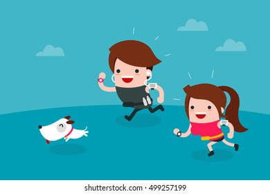 Happy people running together.