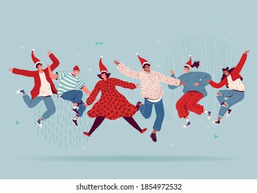 Happy people in santa hats are jumping and celebrating Christmas and New Year. Friends have fun and laugh