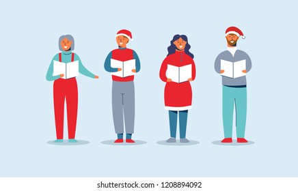 Happy People in Santa Hats Singing Christmas Carols. Winter Holidays Characters. Xmas Singers Caroling Choir Man and Woman. Vector illustration