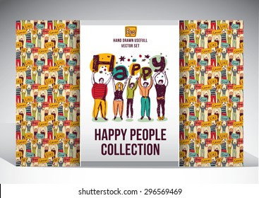 Happy people set big group collection. Set with seamless pattern with big team of young unrecognizable happy people and isolated figures. Color vector illustration.