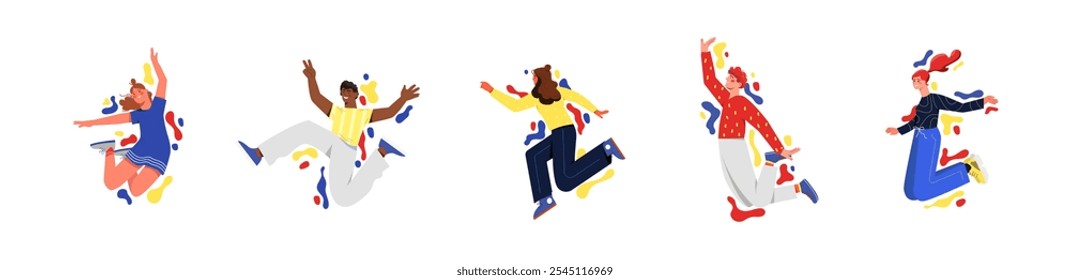 Happy people set. Cheerful men and women jump and dance. Positive emotions and optimism. Energetic young people. Fun and entertainment. Flat vector collection isolated on white background