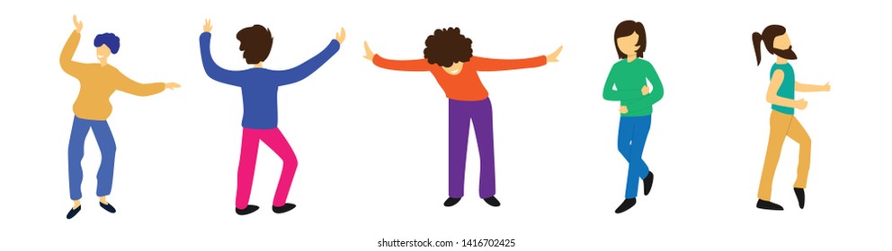 Happy people set in flat style. Smiling and laughing Men and women rising Hands up. Dancing persons. The Party, success, friendship, celebration, joy and fun concept. Vector illustration.