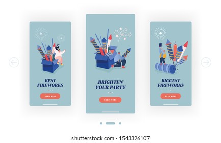 Happy People Setting Off Colourful Fireworks and Petards Mobile App Page Onboard Screen Set. Holidays Celebration Pyrotechnics Show Concept for Website or Web Page, Cartoon Flat Vector Illustration