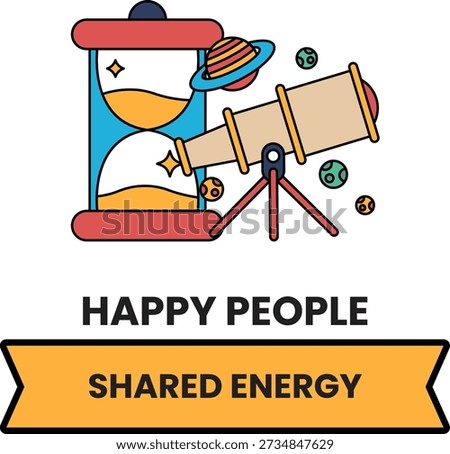 A happy people shared energy logo with a telescope and a sand timer. The logo is colorful and playful, with a focus on the idea of shared energy and positivity